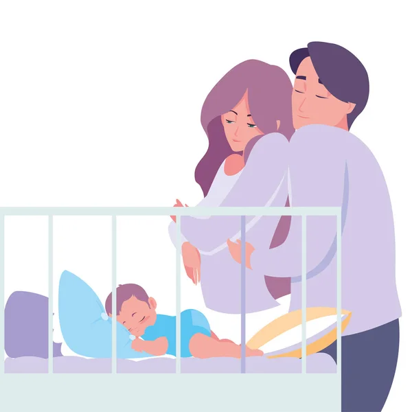 Mam en papa nemen zorg baby in bed — Stockvector