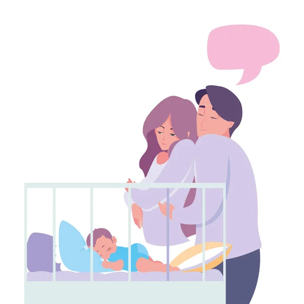 Mam en papa nemen zorg baby in bed — Stockvector