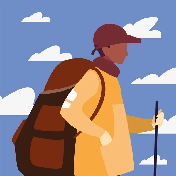 Homem com mochila caminhadas wanderlust — Vetor de Stock