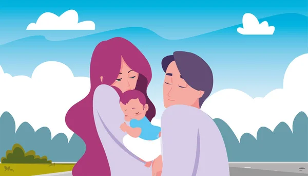 Mãe e pai carregando seu recém-nascido — Vetor de Stock