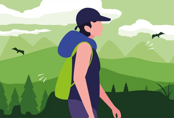Чоловік з рюкзаком пішохідний мандрівний захоплення — стоковий вектор