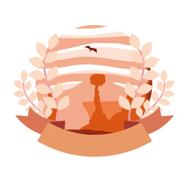 Paisaje rocas aves vuelo naturaleza follaje emblema — Vector de stock