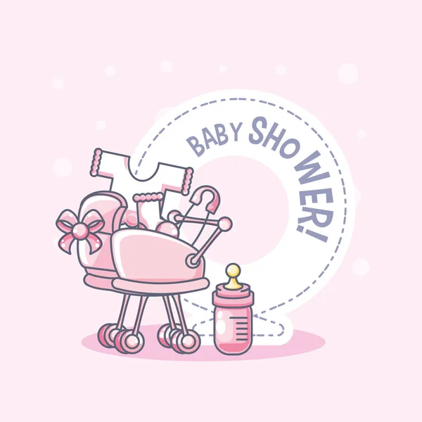Tarjeta de ducha de bebé con carrito de bebé e iconos — Archivo Imágenes Vectoriales