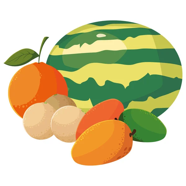 Frutas frescas sandías melones mangos naranjas — Vector de stock