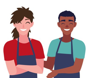 satıcı adam ve apron ile kadın