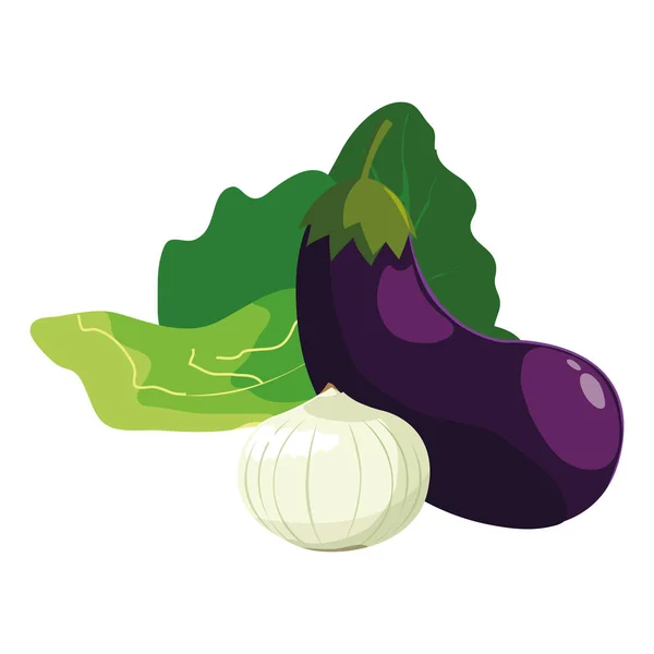新鲜蔬菜茄子洋葱和生菜 — 图库矢量图片