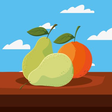 taze meyve armut ve turuncu masa açık havada