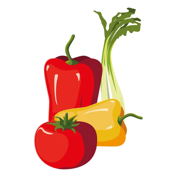 Fresh vegetables red and yellow pepper tomato scallion — Stock Vector