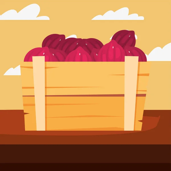 Cebollas rojas vegetales frescas en cesta de madera — Vector de stock