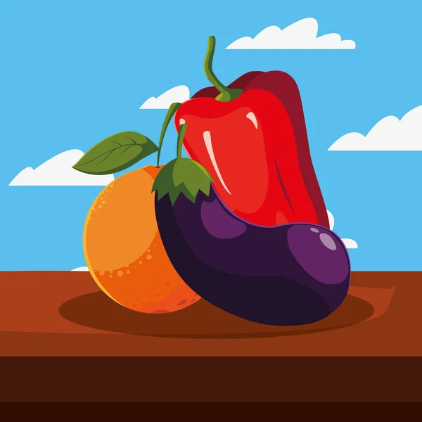 Färsk frukt vegetabiliska aubergine Oranger på bordet utomhus — Stock vektor