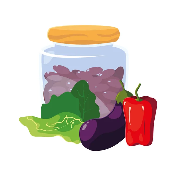 Gård burk med bönor sallad peppar aubergine — Stock vektor
