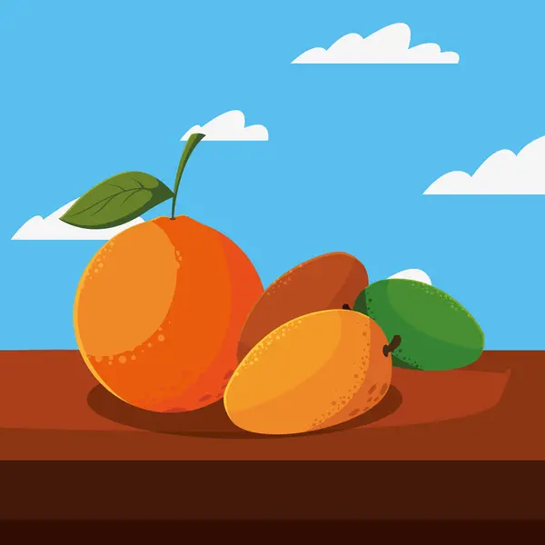 Φρέσκο φρούτο μάνγκο και πορτοκαλί στο τραπέζι σε εξωτερικούς χώρους — Διανυσματικό Αρχείο