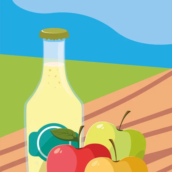 Пляшковий сік і фруктові яблука стіл на відкритому повітрі — стоковий вектор