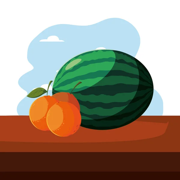 Watermelon and orange fresh fruit on table outdoors — Stock Vector