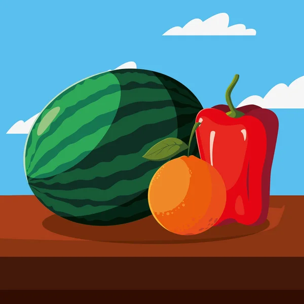 Friss gyümölcs görögdinnye bors és narancs a szabadban — Stock Vector