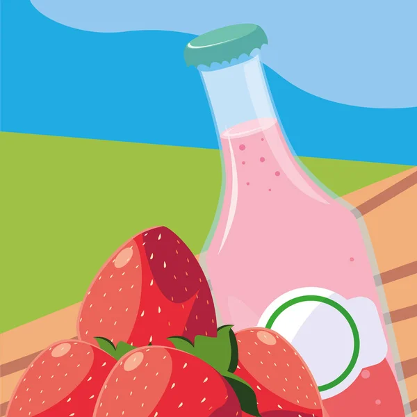 瓶汁和水果草莓桌户外 — 图库矢量图片