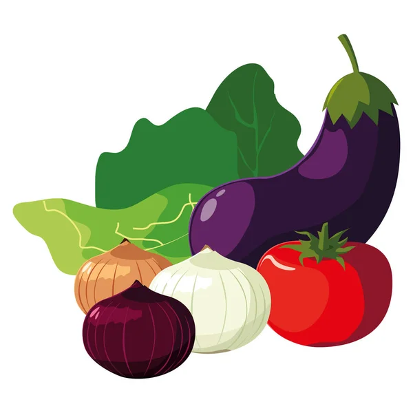 Fresh vegetables eggplant tomato onion lettuce — Stock Vector