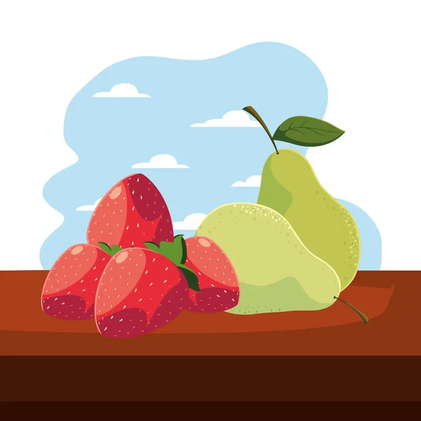 Frische Erdbeeren und Birnen auf dem Tisch im Freien — Stockvektor
