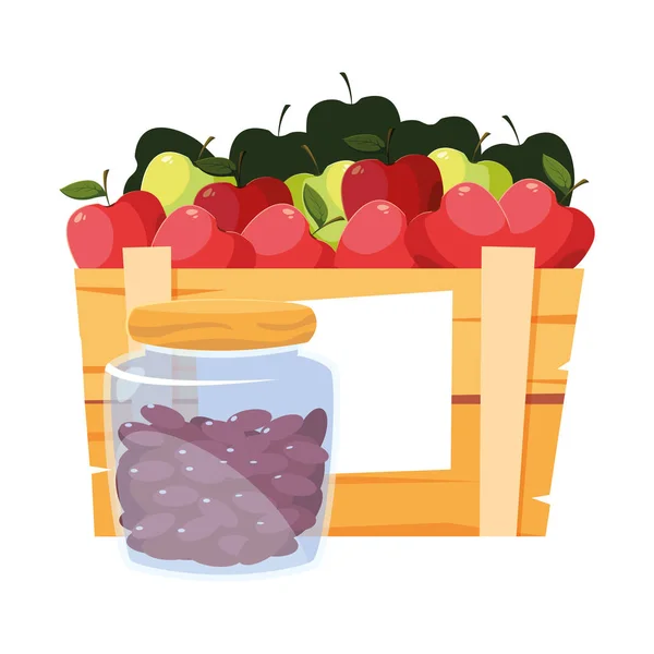 Manzanas de frutas frescas en cesta de madera — Vector de stock