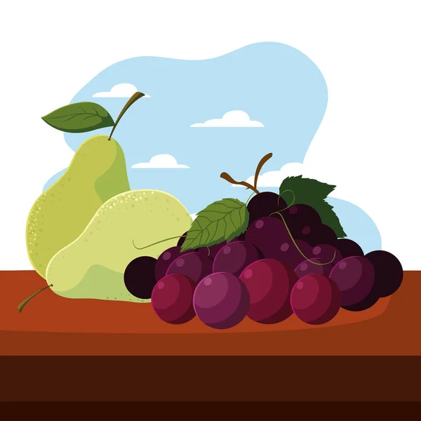 Fruits frais raisins et poires sur la table à l'extérieur — Image vectorielle