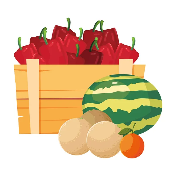 Φρέσκες πιπεριές λαχανικών σε ξύλινο καλάθι — Διανυσματικό Αρχείο