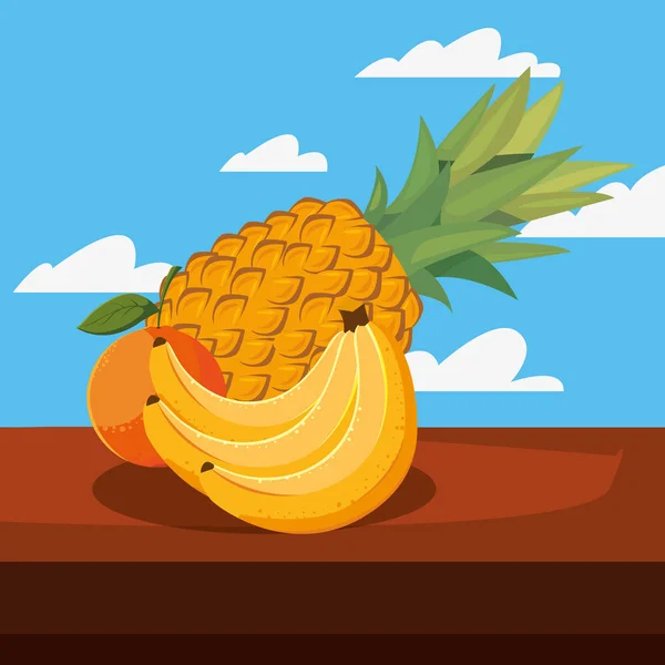 Свежие фрукты ананас и банан на открытом воздухе — стоковый вектор