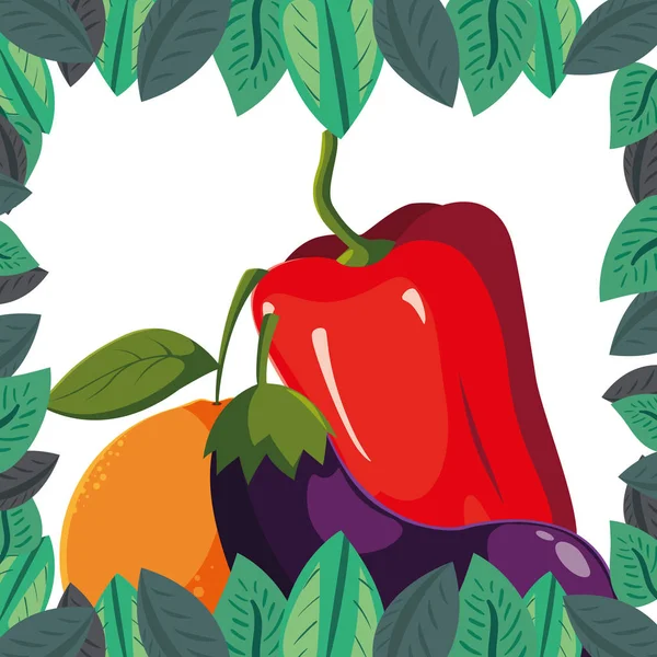 Poivre orange aubergine fruits frais légumes feuillage cadre — Image vectorielle