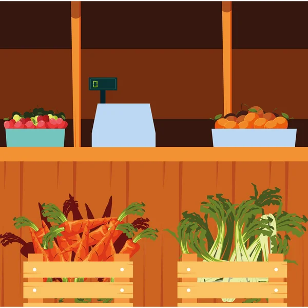Verkaufsstand mit Gemüse und Obst — Stockvektor
