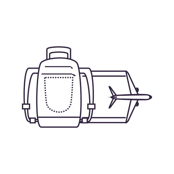 Equipamiento de bolsa de viaje con avión — Vector de stock