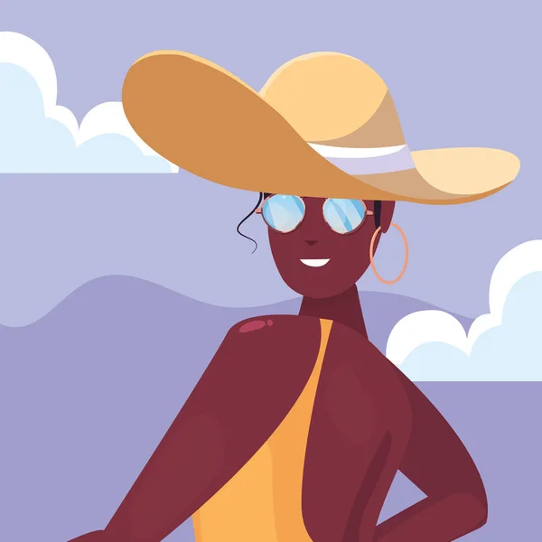 Hermosa mujer con traje de baño y sombrero hora de verano — Vector de stock