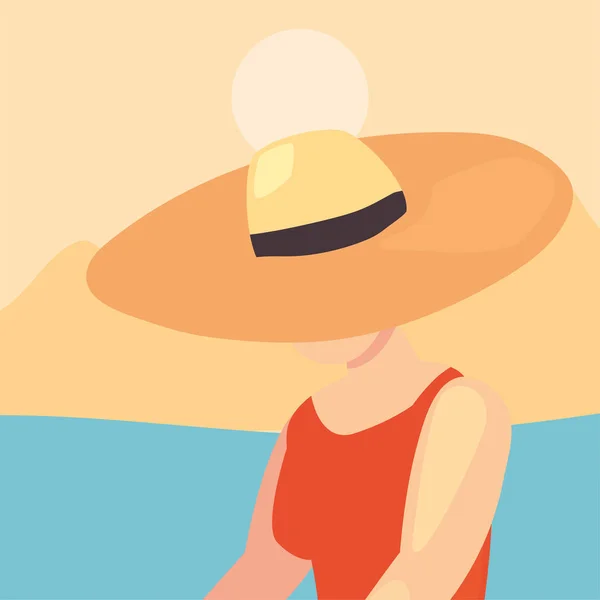 Beautiful woman with swimsuit and hat summer time — Stock Vector