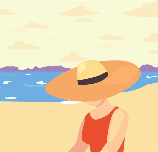 Hermosa mujer con traje de baño y sombrero hora de verano — Vector de stock
