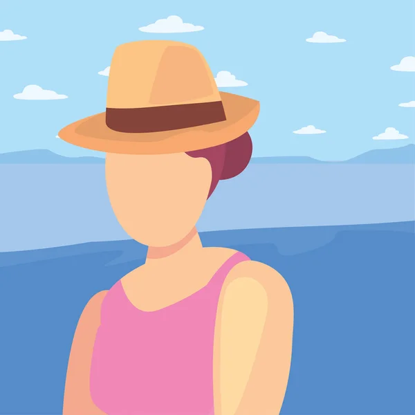 Bela mulher com maiô e hora de verão chapéu — Vetor de Stock
