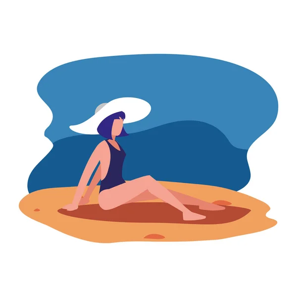 Красивая женщина в купальнике и шляпе летнее время — стоковый вектор