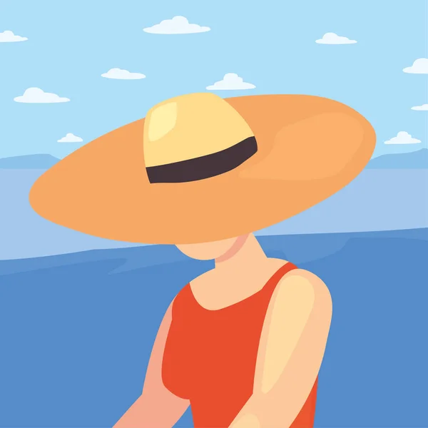 Hermosa mujer con traje de baño y sombrero hora de verano — Vector de stock