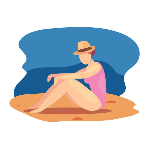 Красивая женщина в купальнике и шляпе летнее время — стоковый вектор