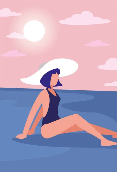 Schöne Frau mit Badeanzug und Hut Sommerzeit — Stockvektor