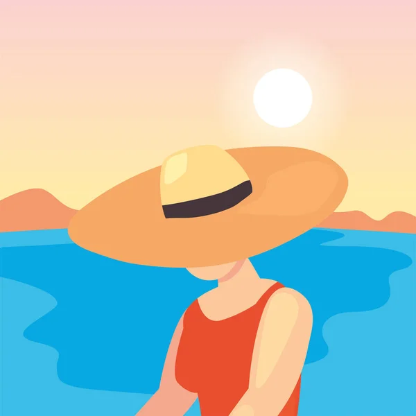 Hermosa mujer con traje de baño y sombrero hora de verano — Vector de stock