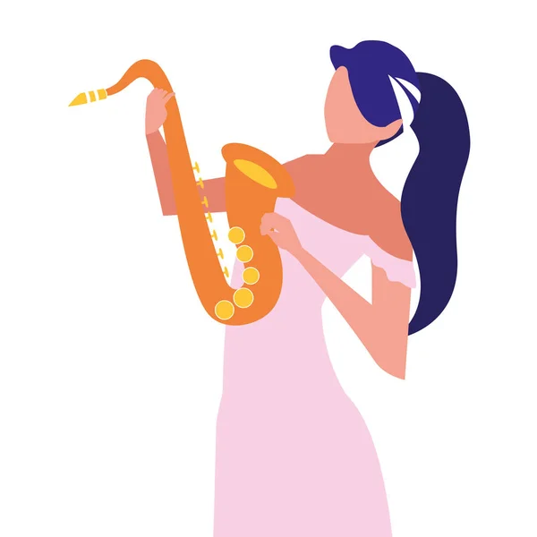 Saxofón músico mujer tocando música — Vector de stock