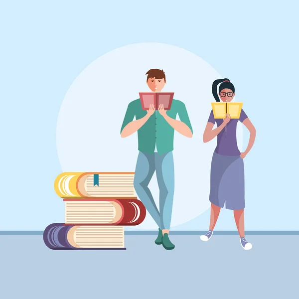 Jovem casal leitura com pilha de livros — Vetor de Stock