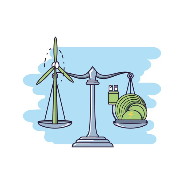 Equilíbrio justiça com moinho de vento e plugue de energia — Vetor de Stock