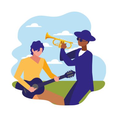 iki erkek müzisyenler müzik aletleri