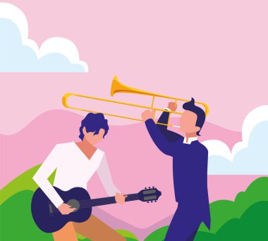 iki erkek müzisyenler müzik aletleri