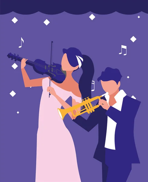 Woman and man musician playing instrument musical — Stock Vector