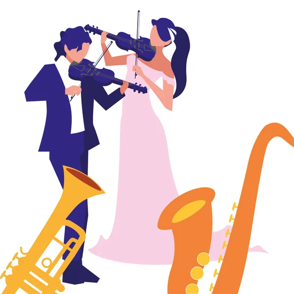 Man en vrouw muzikant spelen instrument musical — Stockvector