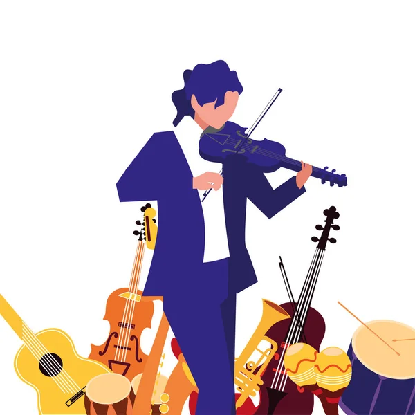 Musician man playing instruments music — Stock Vector