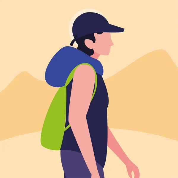 Jovem com mochila caminhando atividade ao ar livre —  Vetores de Stock