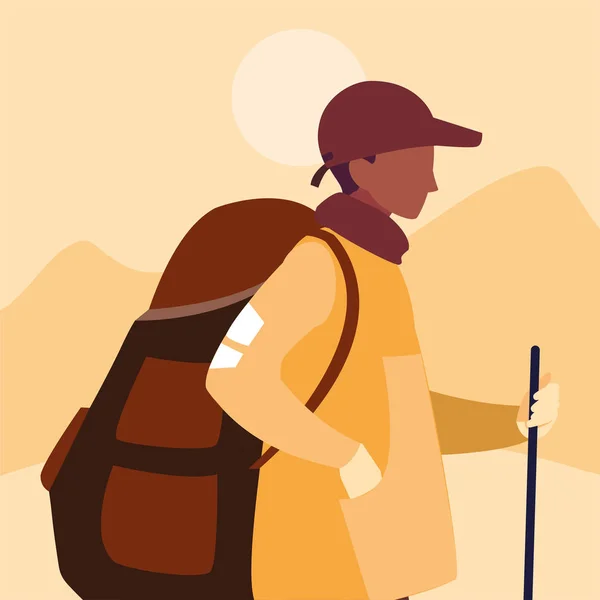Молодой человек с рюкзаком ходьба на открытом воздухе — стоковый вектор