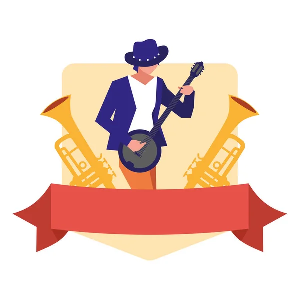 Musicista uomo banjo suonare strumento — Vettoriale Stock