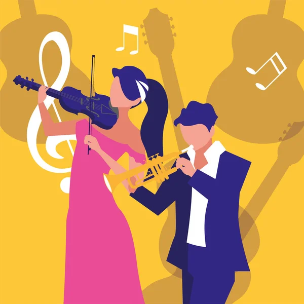 Vrouw en man muzikant spelen instrument musical — Stockvector